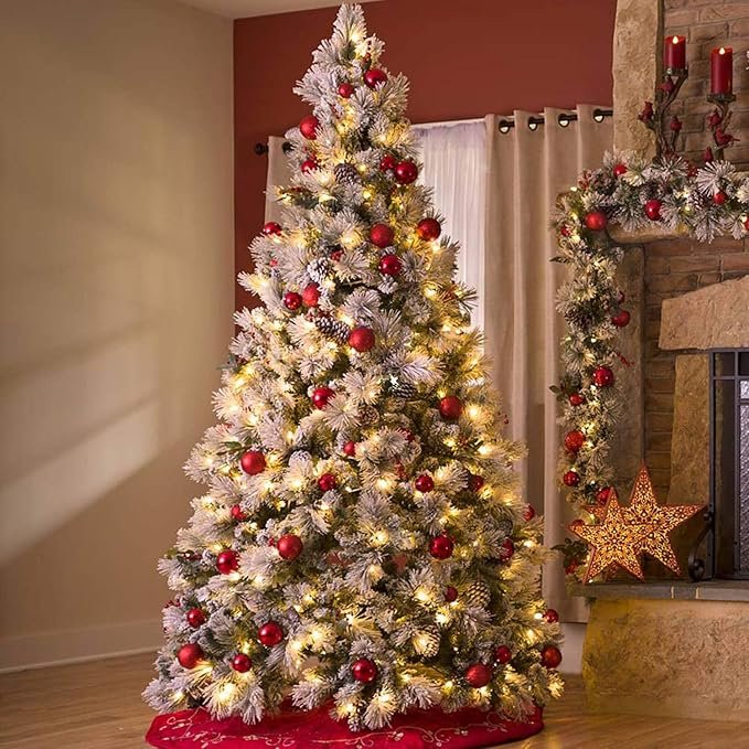 1 Hykolity 7.5 ft Snow Flocked Christmas Tree with Pine Cones, Artificial Christmas Tree wih 450 Warm White Lights, 1446 Tips, Metal Stand and Hinged Branches