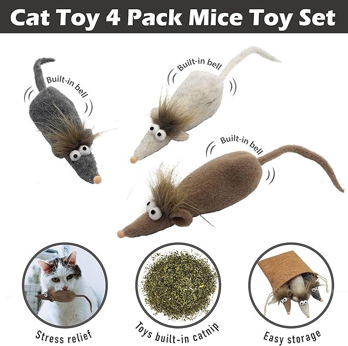 2 4 Pack Natural Interactive Catnip Cat Toys Mice Set, Accessories for Indoor Cat, Cat Pillow Toy, Catnip Plush Toy Value Set