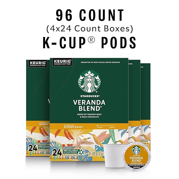 1 Star Pods -Light Roast Coffee - Veranda Blend by Sbux - For Keurig - Pure Arabica - 4 packs (96 pods)
