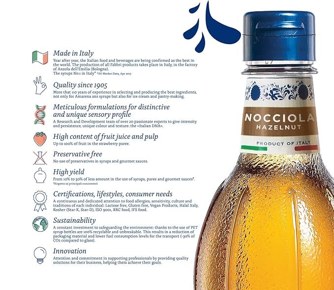 1 Italian Made Fabbri Hazelnut Flavoring Syrup, 33.8 Ounce (1 Liter)