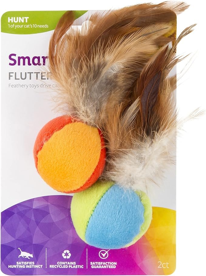 3 SmartyKat (2 Count) Flutter Balls Feather Cat Toys - Multi Color, 2 Count