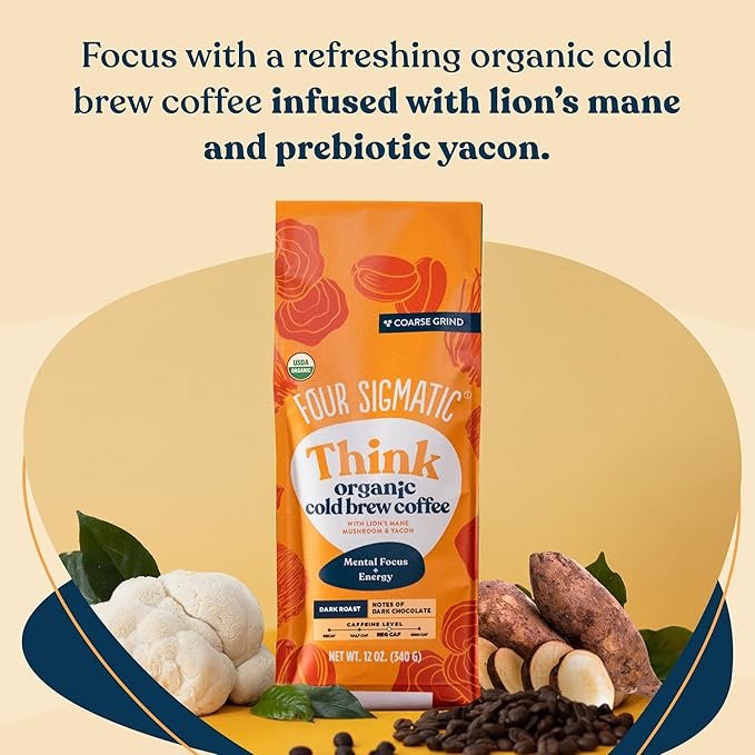 2 FOUR SIGMATIC Organic Cold Brew Coffee Grounds | Dark Roast, Fair Trade Coarse Grounds with Lion's Mane and Chaga | Cold Brew Mushroom Coffee for Crash-Free Focus | 12 oz Bag