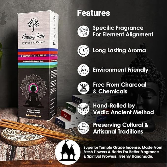4 Premium 5 Elements Incense Sticks| for Meditation, Yoga, Rituals, Aromatherapy, Energy Cleansing| Wooden Incense Holder| 20 Sticks x 7 Variety Pack, Last 60 Min. Each