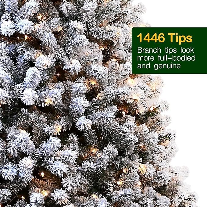 2 Hykolity 7.5 ft Snow Flocked Christmas Tree with Pine Cones, Artificial Christmas Tree wih 450 Warm White Lights, 1446 Tips, Metal Stand and Hinged Branches