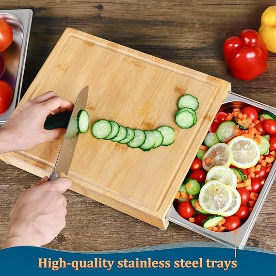 2 Bamboo Chopping Board and Storage System with Stainless Steel Trays, Convenient Kitchen Tool for Serving and Cleaning, Enhanced with Juice Groove and Anti-slip Features