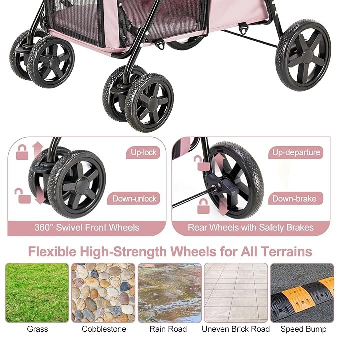 1 LPOTIUS Double Pet Stroller for Dogs and Cats with 2 Detachable Carrier, Quick-Folding Dog Stroller for Small Medium Dogs Cats, 4 Wheels, Light Pink