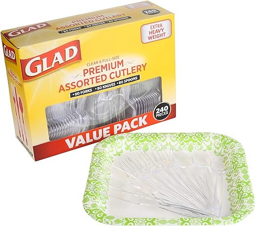 3 Glad Disposable Plastic Cutlery, Assorted Set | Clear Extra Heavy Duty forks, Knives, And Spoons | Disposable Party Utensils | 240 Piece Set of Durable and Sturdy Cutlery