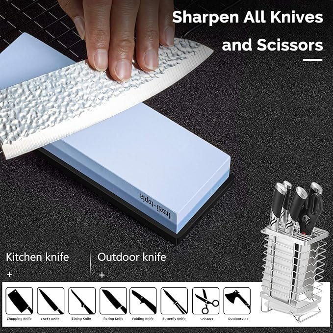 4 Knife Sharpening Stone Kit – Two-sided Abrasive Block 400/1000 3000/8000 Top-grade Blade Sharpener with Buffing Strip, Refurbishing Block, Sustainable Base, 3 Skid-proof Pads & Inclination Assistance