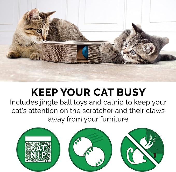 4 Furhaven Scratching Pad Ball Track Cat Toy w/ Catnip for Indoor Cats - Archway Busy Box Scratcher - Tan, One Size