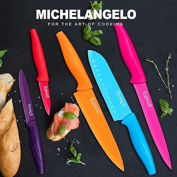 3 MICHELANGELO Knife Set, Sharp 10-Piece Kitchen Knife Set with Covers, Multicolor Knives, Stainless Steel Knives Set for Kitchen, 5 Rainbow Knives & 5 Sheath Covers