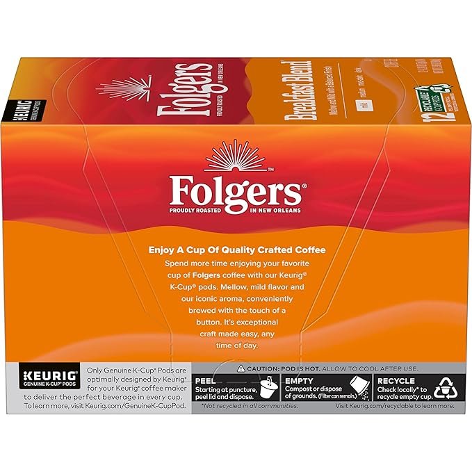 1 Keurig K-Cup Pods - 72 Folgers Breakfast Blend Mild Roast Coffee