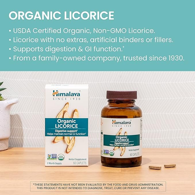 1 Himalaya Organic Licorice Root Herbal Supplement, Non-DGL, Occasional Heartburn and Indigestion Relief, Upset Stomach Relief, Digestive Support, Non-GMO, USDA Organic, Vegan, 60 Plant-Based Caplets