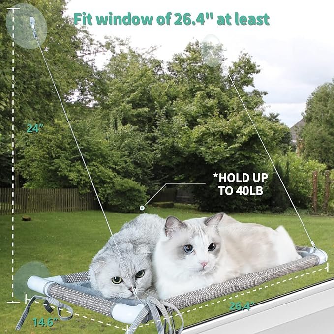 2 Pupagree Mess-Free Cat Window Perch, Multi-Point Secure Fastening Cat Window Hammock with 4 Strong Scution Cups, Premium Reinforced Material and Flannel Cover Cat Hammock for Large Cats in Beige