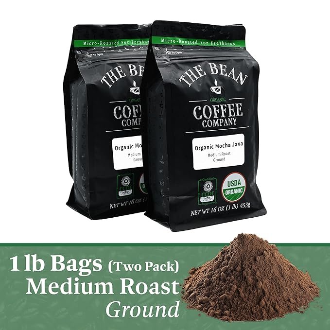 1 The Bean Organic Coffee Company Mocha Java, Medium Roast, Ground Coffee, 16-Ounce Bags (Pack of 2), Café molido tostado orgánico