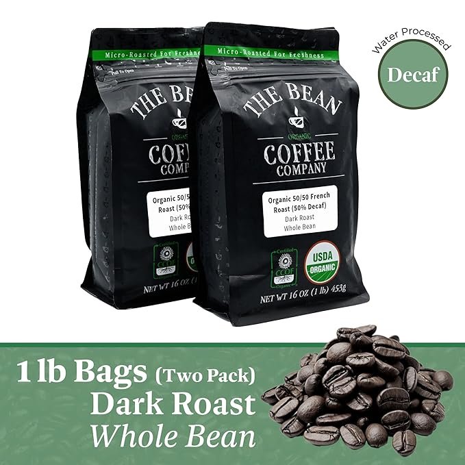 1 The Bean Organic Coffee Company 50/50 French Roast, 50% Decaf, Dark Roast, Whole Bean Coffee, 16-Ounce Bag (Pack of 2), USDA Organic Certified