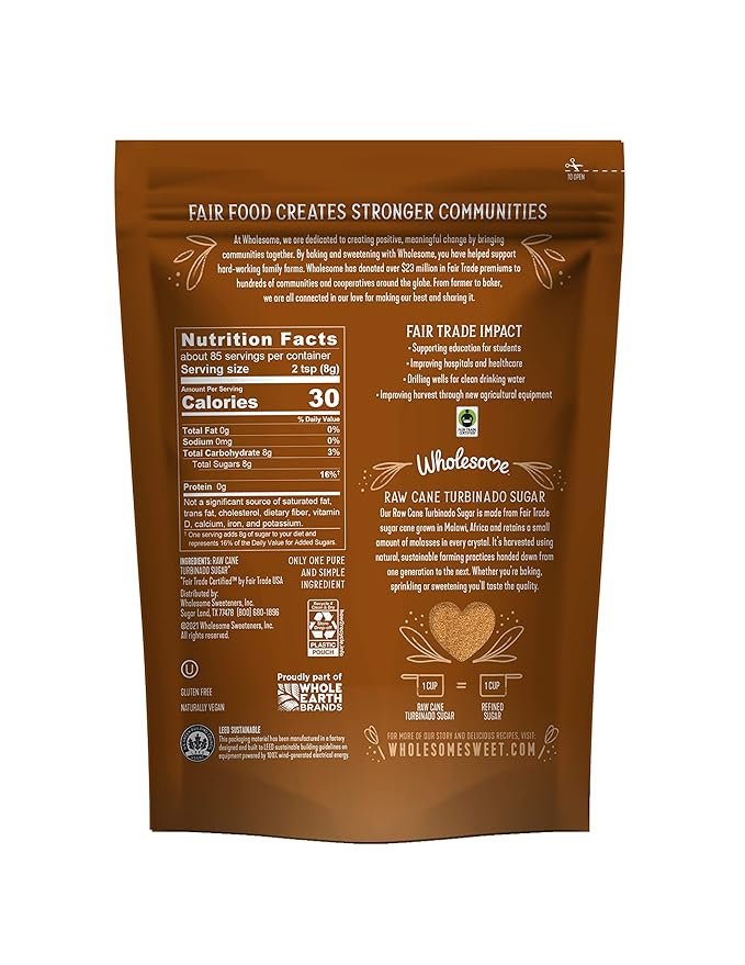 4 Wholesome Sweeteners Raw Cane Fair Trade Unrefined Non GMO Gluten Free 1.5 Pound Pack of, Natural Turbinado Sugar, 288 Ounce, (Pack of 12)