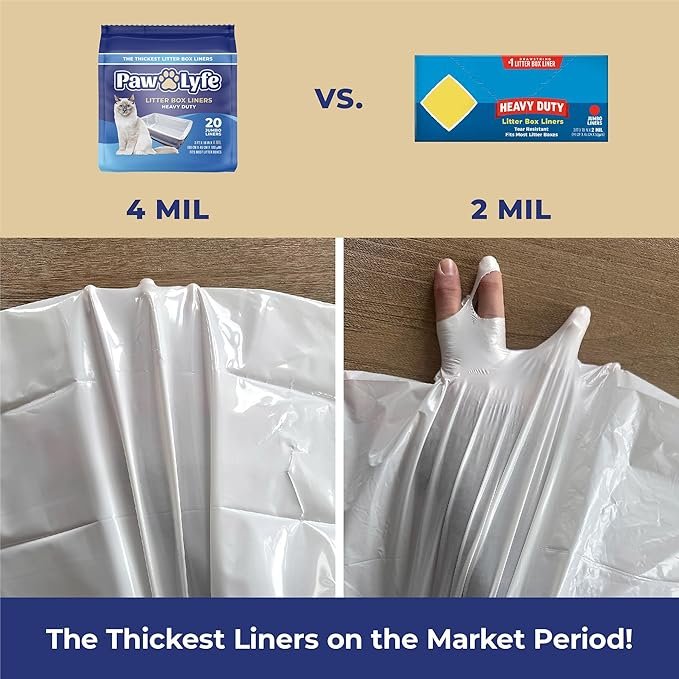 3 PawLyfe Litter Box Liners: Heavy Duty - Thickest Litter Liner on the Market 4MIL - Tear & Leak Resistant - Drawstring Close - Jumbo, 36” x 18” - 20 Count Jumbo Size Draw String Litter Liners for Cats
