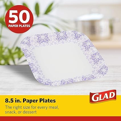 1 Glad Square Disposable Paper Plates for All Occasions | Soak Proof, Cut Proof, Microwaveable Heavy Duty Disposable Plates | 8.5" Diameter, 50 Count Bulk Paper Plates,Purple
