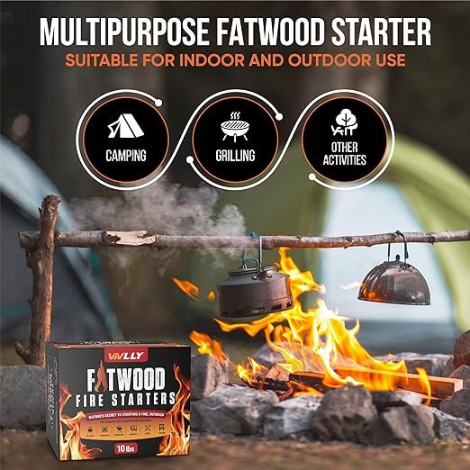 1 Vivlly 10lb Fatwood Fire Starter Pack – Starter Wood for Fireplace – Small Wood Logs for Campfire Stove, Grilling & Cooking – Firewood Lighter Kindling Sticks – Firepit Burning & Camping Accessories