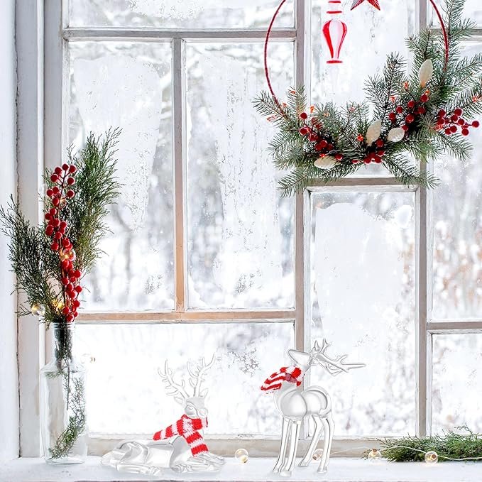 4 Queekay 2 Pcs Acrylic Christmas Reindeer Ornaments Clear Deer Figurine and Reindeer Table Top Decorations Holiday Table Centerpiece（Vivid Style）