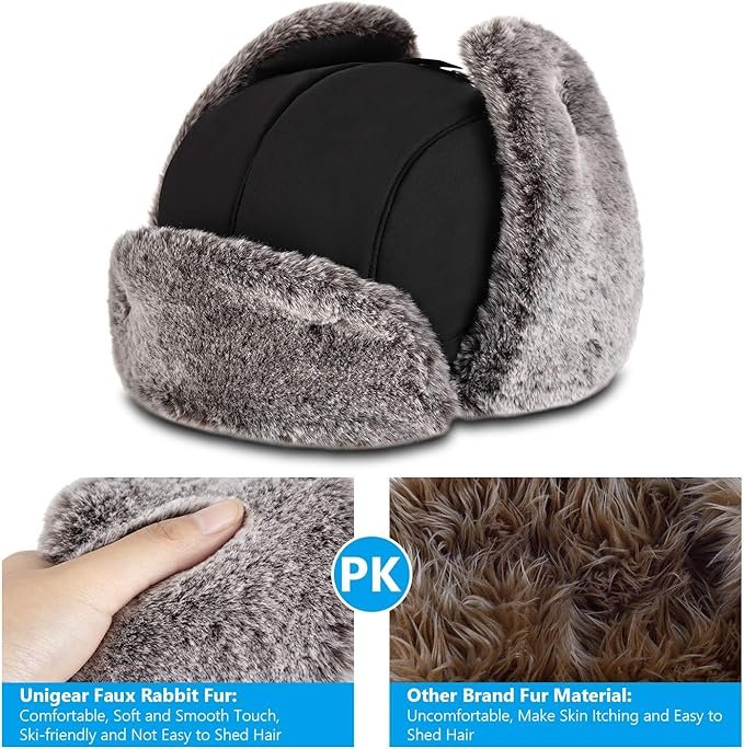 3 Unigear Winter Trapper Hat for Men Women, Windproof Water-Resistant Faux Fur Ushanka Trooper Hat for Hunting Skiing with Detachable Mask Black