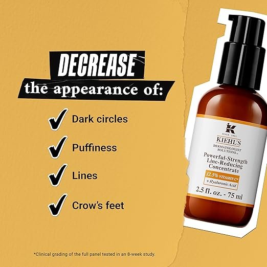 3 Kiehl's Powerful-Strength 12.5% Vitamin C Serum, Line-Reducing Concentrate for Face, Boosts Radiance & Firmness, Smooths & Plumps Skin, with Hyaluronic Acid, Dermatologist-Tested, Paraben-free