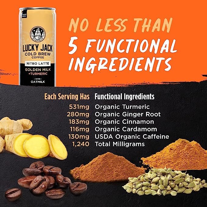 4 Lucky Jack Turmeric Cold Brew Latte with Oat Milk - Nitro Infused, 130mg Caffeine Per Serving - Certified Organic, Gluten Free, Nut Free, Kosher – 12 Pack, 7.5oz Cans
