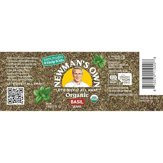 1 Newman's Own Organic Basil Leaves; Great on Pasta, Salads, Sauces, USDA Certified Organic; Non-GMO; Kosher, 0.76Oz. Bottle