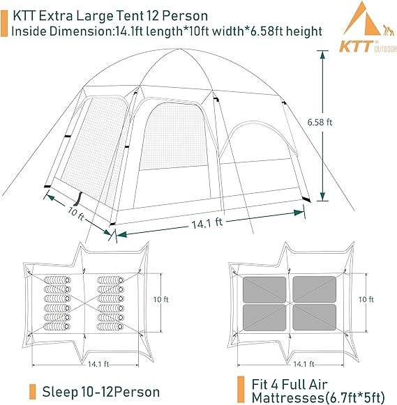 3 KTT Extra Large Tent 12 Person(Style-B),Family Cabin Tents,2 Rooms,Straight Wall,3 Doors and 3 Windows with Mesh,Waterproof,Double Layer,Big Tent for Outdoor,Picnic,Camping,Family Gathering