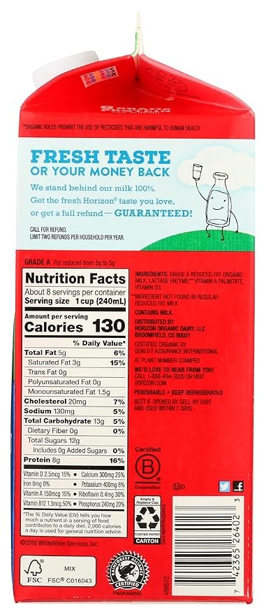 4 Horizon Lactose-Free Organic Reduced Fat Milk, 64 Fluid Ounces