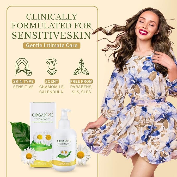 4 Organyc Feminine Intimate Wash for Sensitive Skin with Chamomile, Free from Chlorine, Parabens, SLS/SLES, and Synthetic Perfumes 8.5 Fluid Ounce