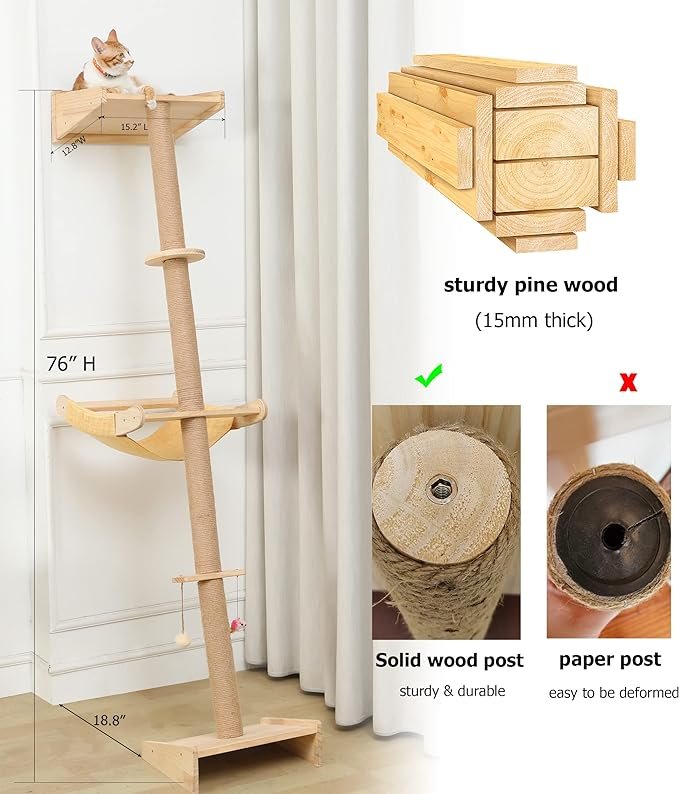 4 Wall Cat Tree with Hammock, 76" Tall Cat Wall Furniture Lean Against Wall Cats Climbing Tower for Active Indoor Climbers with Simply Suctions to Window