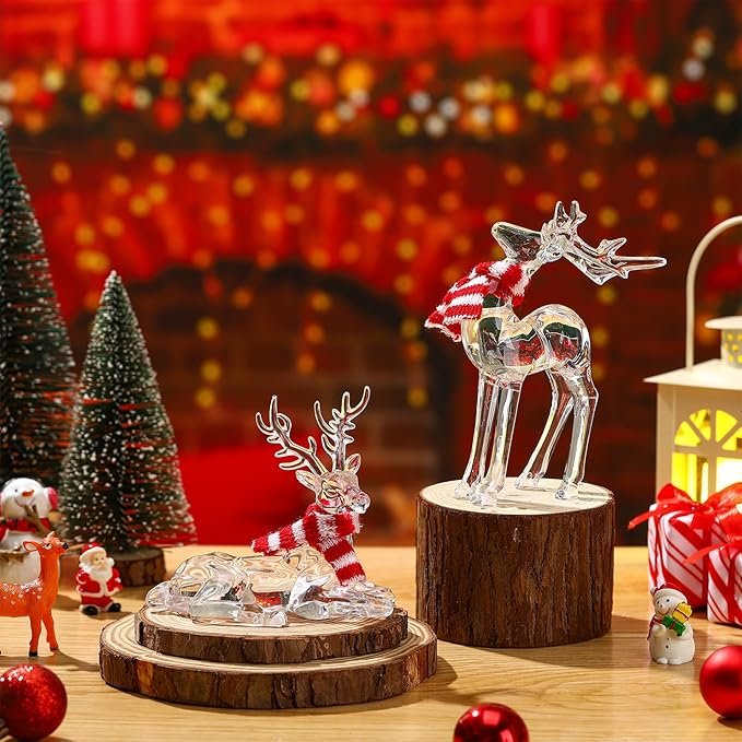 2 Queekay 2 Pcs Acrylic Christmas Reindeer Ornaments Clear Deer Figurine and Reindeer Table Top Decorations Holiday Table Centerpiece（Vivid Style）
