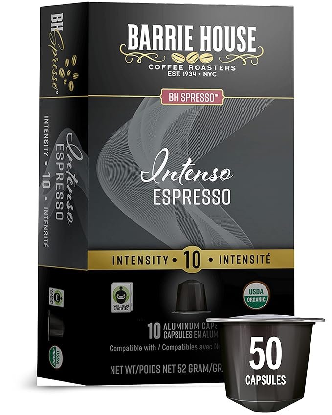 1 Barrie House Intenso Espresso Capsules (50 Count) | Compatible with OriginalLine Nespresso Machines | Bold Dark Roast | Certified Fair Trade Organic | Environmentally Friendly Aluminum Pods