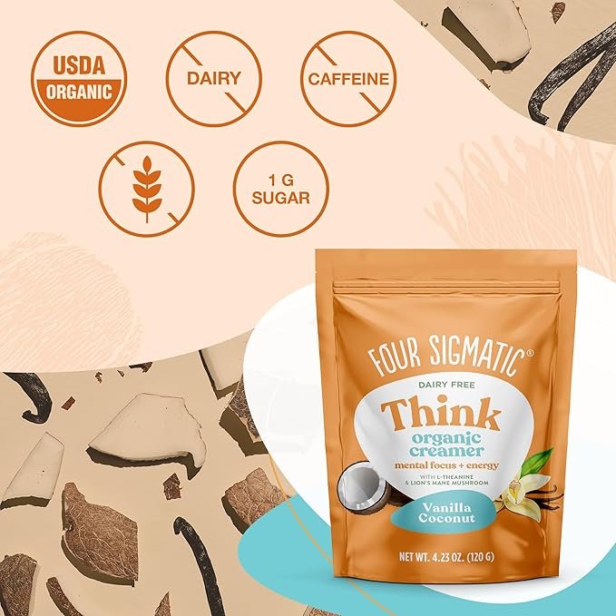 5 Think Vanilla Coconut Coffee Creamer by Four Sigmatic | Organic Coffee Creamer with Lion’s Mane and L-theanine | Powdered Coconut Creamer | Non Dairy Creamer Powder | 4.23 oz