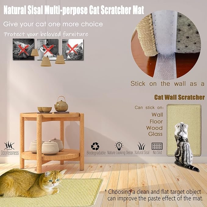 4 Cat Scratcher Mat, 23.6x15.7” Natural Sisal Scratching Mat with Velcro Tape,Stick on Floor and Wall Cat Scratch Pad Rug, Horizontal Cat Scratch Mat Protect Carpet and Sofa (Natural Color)