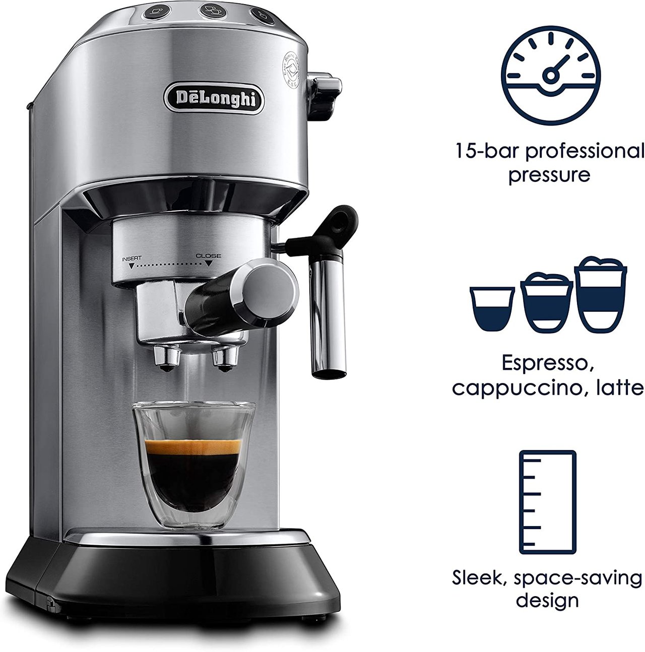 1 The De'Longhi EC680 Slim Stainless Steel Espresso and Cappuccino Machine with 15 Bar Pressure and Advanced Cappuccino System.