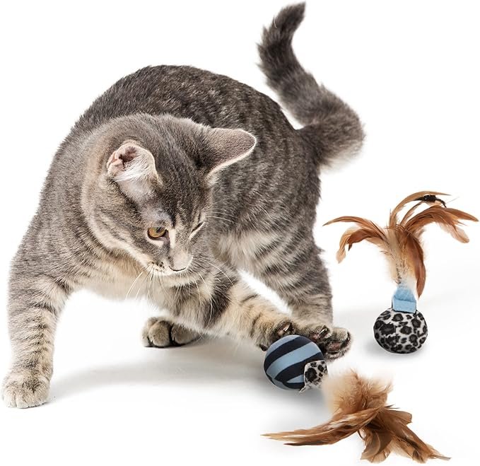 2 Petlinks (2 Count) Feather Flips Plush Ball Cat Toys - Blue, 2 Count