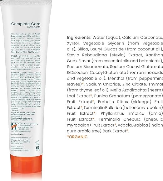 1 Himalaya Complete Care Toothpaste, Simply Mint, Fluoride Free Plaque Reducer for Brighter Teeth and Fresh Breath, 5.29 oz, 4 Pack