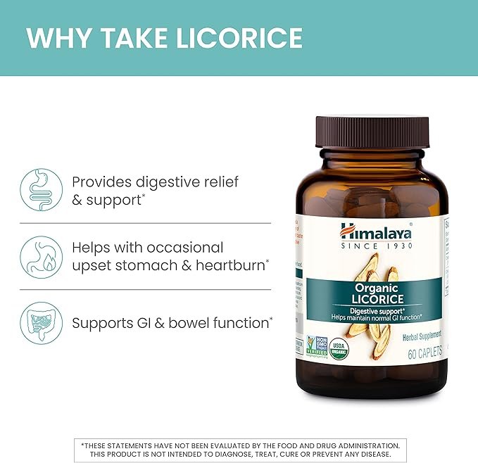 2 Himalaya Organic Licorice Root Herbal Supplement, Non-DGL, Occasional Heartburn and Indigestion Relief, Upset Stomach Relief, Digestive Support, Non-GMO, USDA Organic, Vegan, 60 Plant-Based Caplets