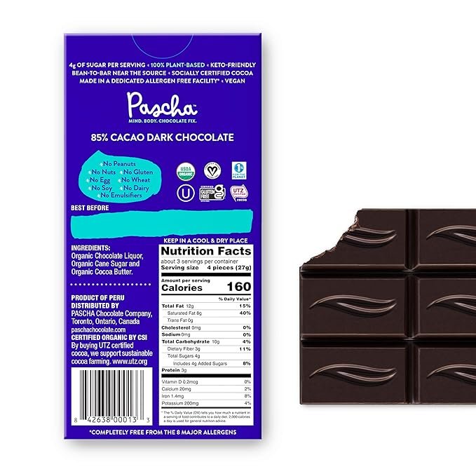 1 Pascha Organic Dark Chocolate Bars, 85% Cacao, UTZ, Gluten Free & Non GMO, 2.82 oz (Pack of 10)
