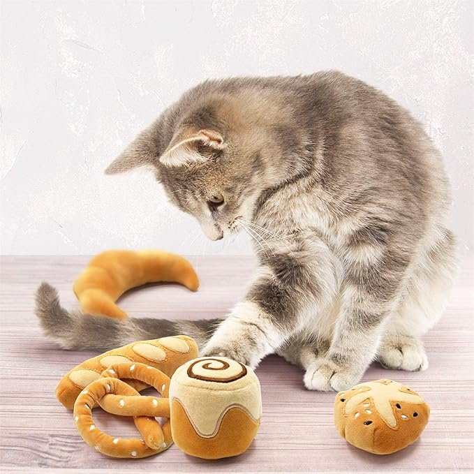 2 Bread Catnip Toys Cat Toys for Indoor Cats Interactive Toys for Cat Lover Gifts Kitten Chew Bite Kick Toys Baguette Croissant Pretzel Toast Bun Cinnamon Roll Plush Catmint Pet Birthday Presents