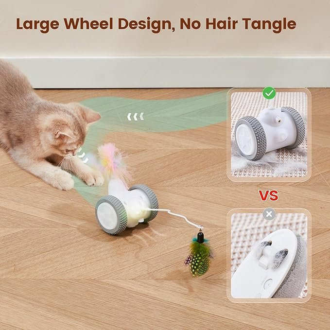 3 Potaroma Cat Laser Toys Interactive 3in1, Rechargeable, Automatic Moving Wheels, 2 Feathers, Indoor Kitten Exercise Kicker Toys, Assorted Colors Feathers for All Breeds