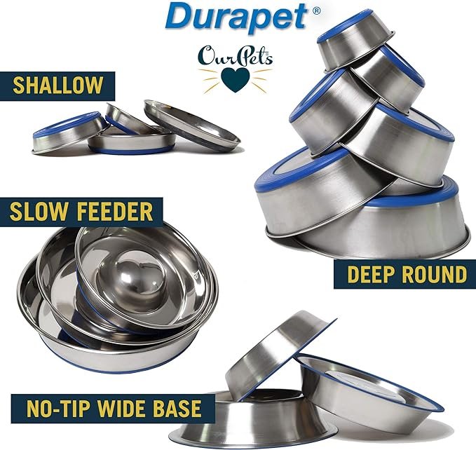 5 Our Pets DuraPet Stainless Steel Non-Slip (Cat Food Bowl or Water Bowl) (Holds up to 1 Cup of Dry Food or Wet Food) Easy to Clean