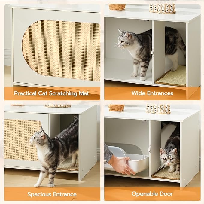 4 HOOBRO Cat Litter Box Enclosure with Rattan Door, Hidden Litter Box Furniture, Large Litter Box Enclosure with Adhesive Cat Scratching Mat, Coffee Table, 31.5" L x 17.7" W x 18.1" H, White WY18MW01