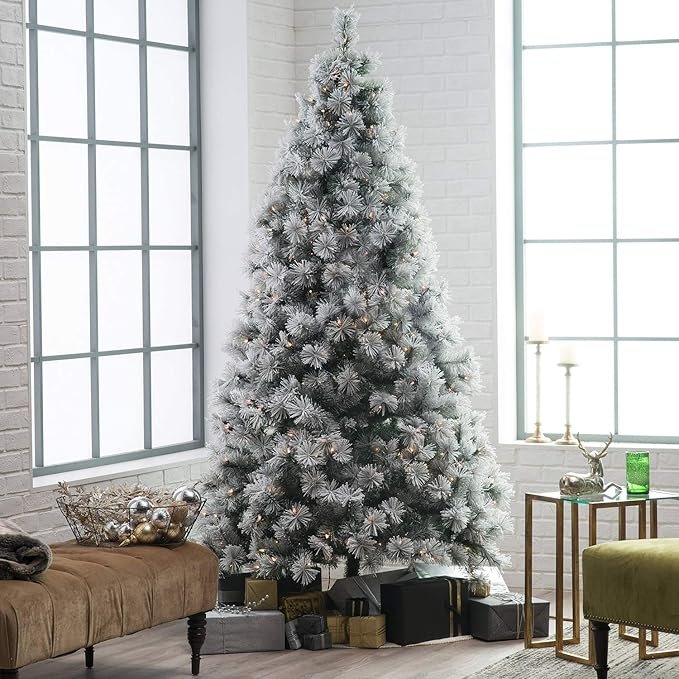3 Hykolity 7.5 ft Snow Flocked Christmas Tree with Pine Cones, Artificial Christmas Tree wih 450 Warm White Lights, 1446 Tips, Metal Stand and Hinged Branches