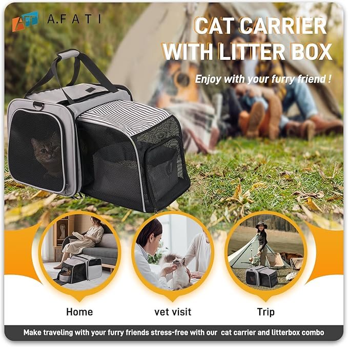 1 A.FATI Cat Carrier with Litter Box, Cat Travel Carrier with Litter Box, Expandable Cat Carrier for Car with Bowl, Soft Sided Cat Carrier for Cats/Puppies up to 20 lb