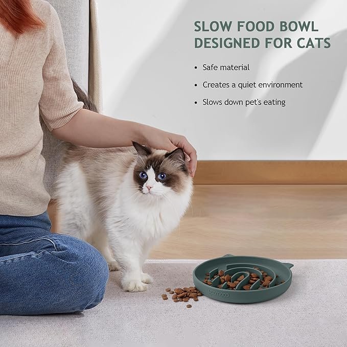 3 Coomazy Silicone Slow Feeder Cat Bowls, Fingerprint Maze Cats Food Bowl, Slow Down Eating Speed, Prevent Choking, Promote Digestion, Green