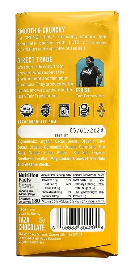 2 Taza Chocolate Organic Smooth & Crunchy Bars 70% Stone Ground, Cornflake Crunch 2.5 Ounces (10 Count), Vegan