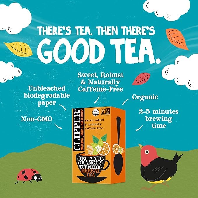 1 Clipper Tea, Orange & Turmeric, Organic Tea with Licorice Root, Orange Peel and Hibiscus, Plant Based Herbal Tea, Caffeine Free British Tea, 1 Pack, 20 Unbleached Tea Bags